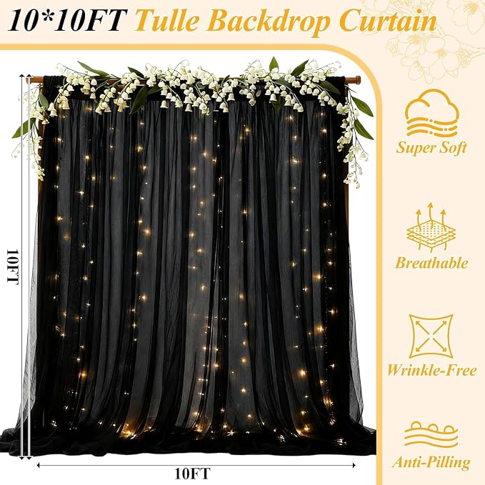 Ledido 2 Pack 10×10ft Black Tulle Backdrop Curtains with Lights String - 600LED Fairy Lights Sheer Curtain Backdrop for Wedding Baby Shower Photo Shoot Birthday Party Decoration(4 Panels 5×10ft)，Black