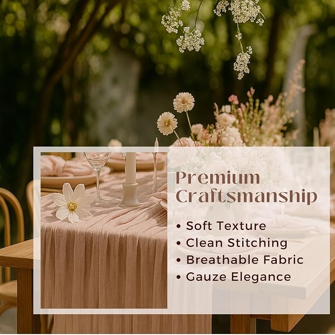 3 Pack Dusty Pink 10FT Cheesecloth Table Runners –120 Inch Blush Gauze Boho Table Decor Set for Bridal Shower, Mother’s Day Brunch, Baby Girl Party, or Romantic Wedding Reception