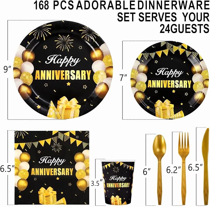 168Pcs Black and Gold Party Supplies Tableware Set Happy Anniversary Plates, Knife,Forks,Spoons, Cups and Napkins Table Decorations for Anniversary Wedding Birthday Party Decorations, 24 Guests