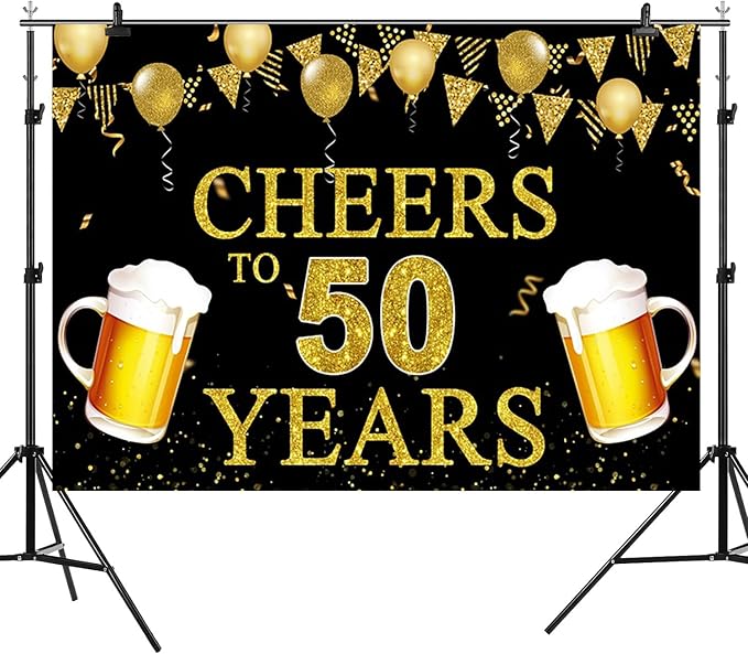 9x6ft 50th Birthday Backdrop Cheers to 50 Years Photography Background Golden Balloon Beer Men Women 50th Birthdays Party Banner Decorations Anniversary Celebration Parties Photo Booth Prop