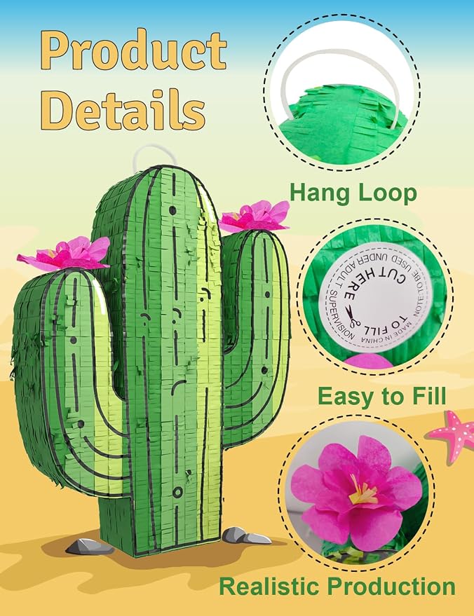 Cactus Piñata for Cinco de Mayo, Mexican Party Decorations, and Fiesta – Fun Hanging Piñata with Blindfold, Stick & Confetti, Perfect for Birthday & Fiesta Celebrations (16"x12"x3")