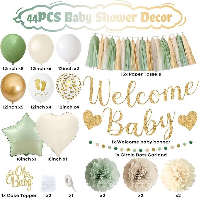 Sage Green Baby Shower Decorations, Welcome Baby Banner Olive Green Gold White Sand Confetti Latex Foil Balloons with Oh Baby Cake Topper Pom Poms Tassels for Boho Neutral Gender Reveal Party Supplies