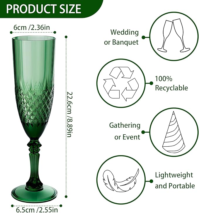 Plastic Champagne Flutes, Champagne Glasses Bulk, Reusable Unbreakable Acrylic Wine Glasses Goblets for Weddings Bachelor Parties Toasting Bridal Shower (48, Dark Green)