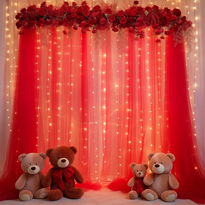 20x10ft Red Tulle Backdrop Curtain with Lights String for Parites, Sheer Backdrop Curtains for Wedding Baby Shower Birthday Party Photo Shoot Decorations