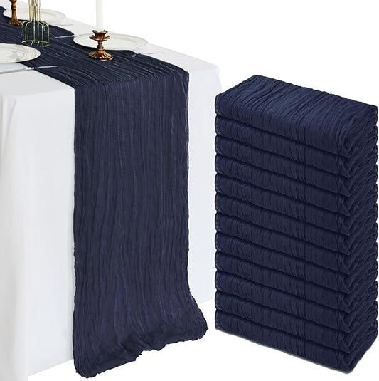 12 Pack 10FT Navy Blue Cheesecloth Table Runner 120 Inch Long Gauze Rustic Boho Spring Cheese Cloth Table Runner Sheer Fabric Decorations for Holiday Party Wedding Banquet Bridal Baby Shower Décor