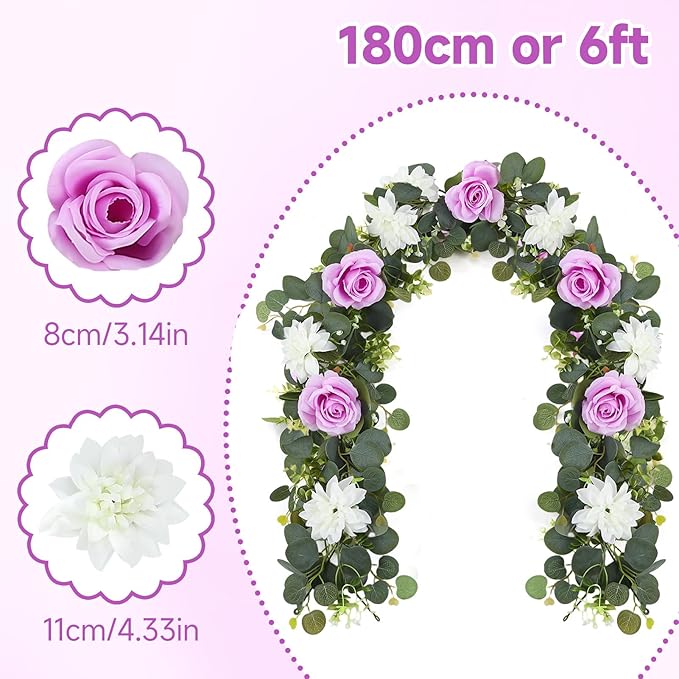 4 Pack Wedding Garland Set, Purple Rose & White Dahlia Hanging Flower Vines for Wedding Arch, Backdrop, Mantel, Home Decor (5.91ft)