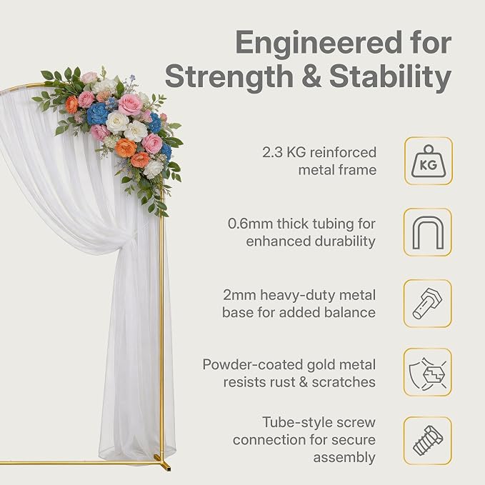 7.2FT Gold Metal Arch Backdrop Stand for Weddings, Birthdays & Garden Decor, Semicircle Frame, Sturdy Powder-Coated Metal, Easy to Assemble, Indoor & Outdoor Use