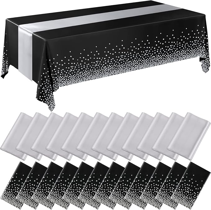Breling 24 Packs Black and Silver Disposable Plastic Tablecloths and Satin Table Runner Set, 54 x 108 Inch Tablecloth, 12 x 108 Inch Table Runners for Wedding Graduation Birthday Baby Shower