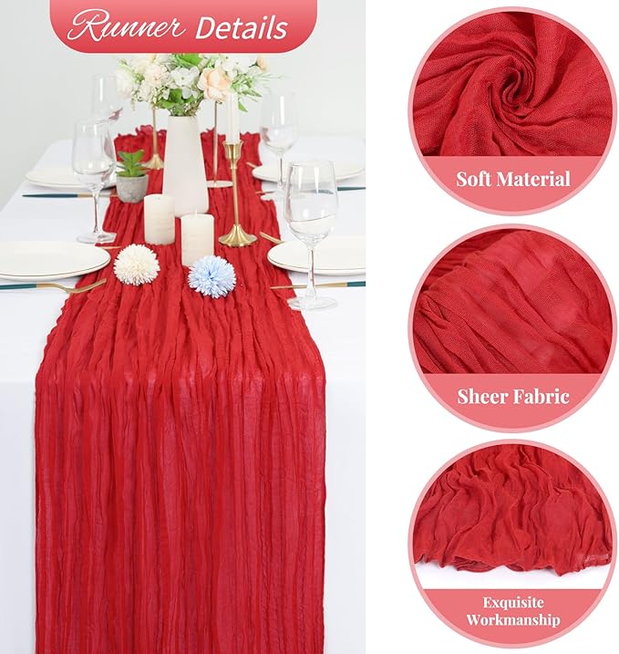20 Pack Red Cheesecloth Table Runner 120 Inch 10FT Rustic Boho Gauze Cheese Cloth Table Runner for Wedding Party Baby Shower Thanksgiving Christmas Decoration