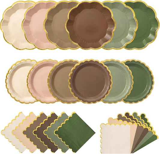 72 Pcs 24 Guests Woodland Baby Shower Tableware Set Green Brown Paper Plates and Napkins Woodland Party Supplies Disposable Tableware Scalloped Plates for Safari Jungle Birthday Wedding