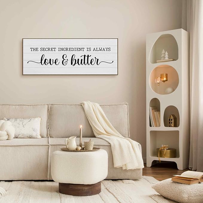 TLESKE the Secret Ingredient Is Always Love and Butter Sign Large Wall Art Decor Framed for Kitchen Dining Room 15x40, Funny Canvas Wall Art Print for Kitchen, Rustic Farmhouse Signs Wall Picture