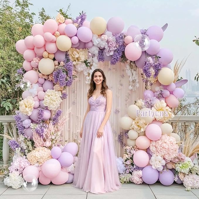 Pastel Pink Purple Balloon Arch Double Stuffed, Light Pink Lavender Lilac Ivory Balloon Garland Kit with Bobo Latex for Baby Shower Bridal Wedding Princess Birthday Mothers Day Party Decoration
