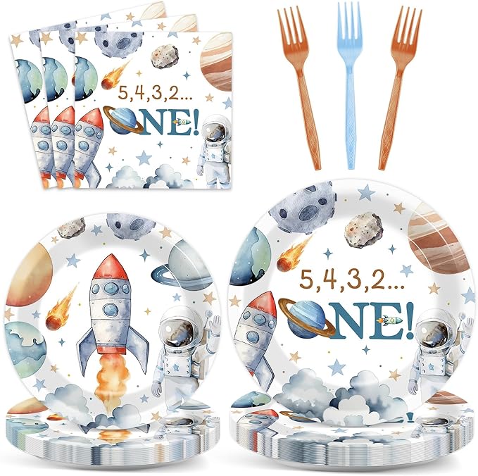 96Pcs 1st Space Birthday Party Supplies Space Planet Paper Plates Napkins and Forks Astronaut Celebration Birthday Party Decorations Solar System Dinnerware Favor for Men or Women Tableware Serves 24