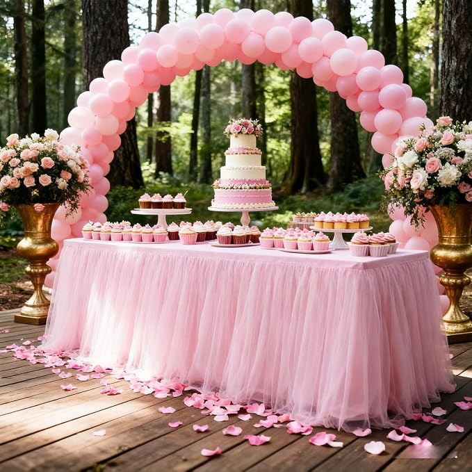 2-Pack Pink 2-in-1 Tulle Tablecloth for 5-Foot Rectangular Table – Stretch Fitted Table Skirt & Cover for Baby Shower, Bridal, Birthday, Princess Party
