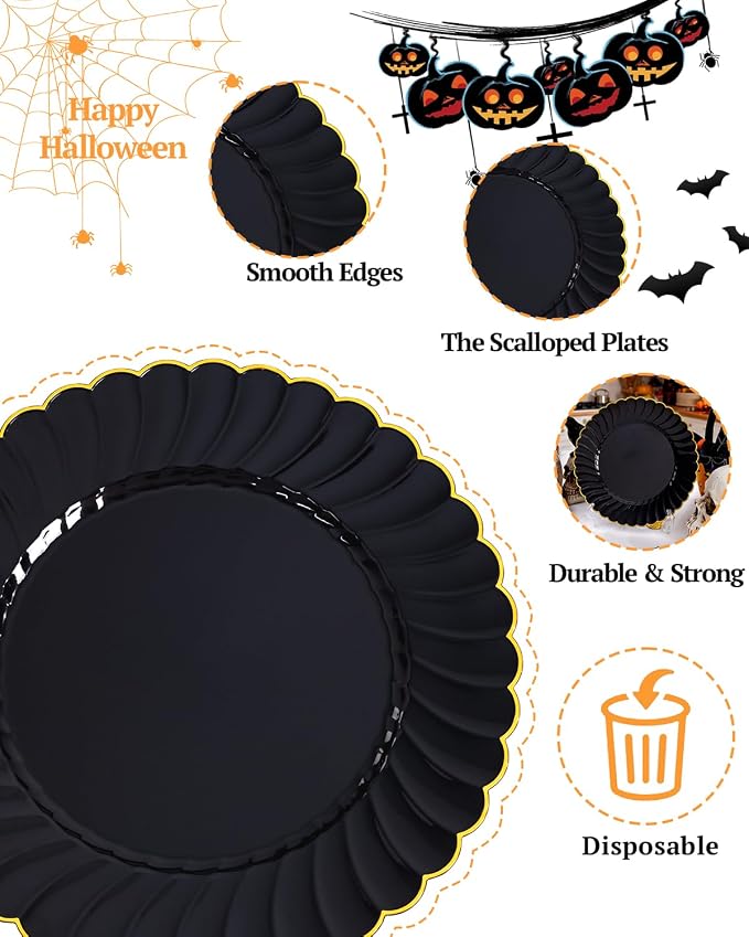 YOUBET 60PCS Black Scalloped Plastic Plates - Black and Gold Disposable Plates include 30 Gold Dinner Plate, 30 Dessert Plate for Party & Wedding