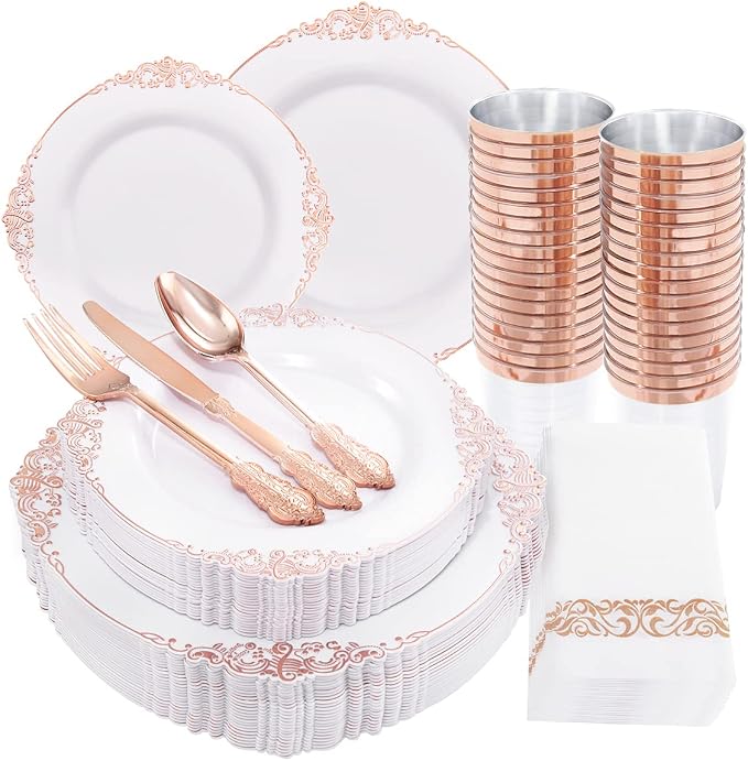 Morejoy 175PCS Rose Gold Plastic Plates & Plastic Silverware inculdes: 25 Dinner Plates,25 Dessert Plates, 25 Forks,25 Knives, 25 Spoons, 25 Cups,25 Napkins Perfect for Wedding & Graduation Party