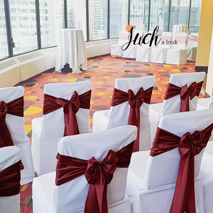 Pesonlook 60 PCS Burgundy Satin Chair Sashes Bows Satin Sashes Universal Chair Cover for Wedding Reception Restaurant Event Decoration Banquet,Party,Hotel Event Decorations (7 x 108 inch)