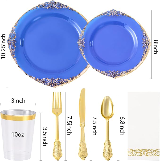 Fijinhom 350pcs Blue Plastic Plates, Elegant Disposable Dinnerware Set, 125 Pieces, White and Gold, Plates, Cups, Cutlery and Napkins (Blue, 50 Guests)