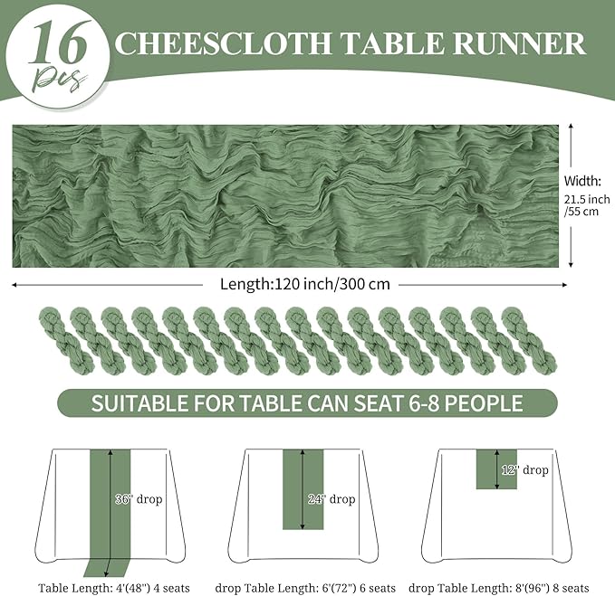 16 Pack 10Ft Cheesecloth Table Runner Sage Green, 20 x 120 Inch Rustic Gauze Boho Cheese Cloth Table Runners Wedding Long Table Runner for Wedding Party Bridal Shower Table Decoration