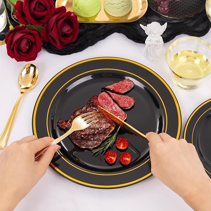bUCLA 300PCS Black and Gold Disposable Dinnerware Set - 50 Guests Black Plastic Plates with Gold Rim Include 50 Dinner / 50 Dessert Plates, 50 Forks,50 Knives,50 Spoons&50 Cups for Party&Graduation