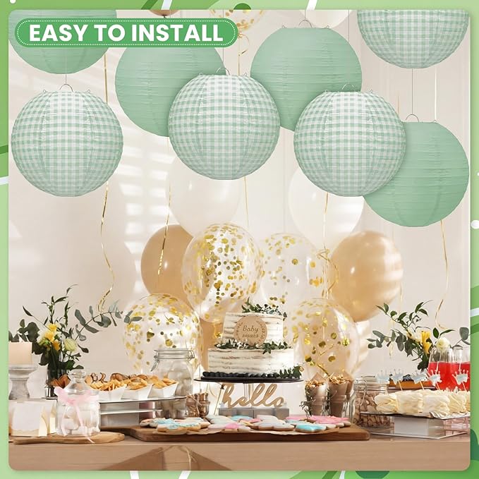 Honoson 12 Pcs Green Gingham Paper Lanterns Decoration10 Inch White and Sage Green Checkered Plaid Round Chinese Hanging Lanterns for Baby Boy Shower Wedding Birthday Picnic BBQ Decoration