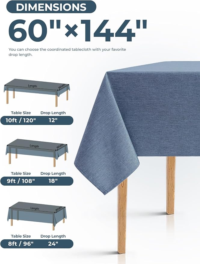 Decorelia Faux Linen Farmhouse Table Cloth 60"x144" for 10 ft Rectangle Table, Denim Blue Waterproof Outdoor Washable Tablecloth for Rectangular Dining Room Kitchen Outdoor Party Restaurant Table