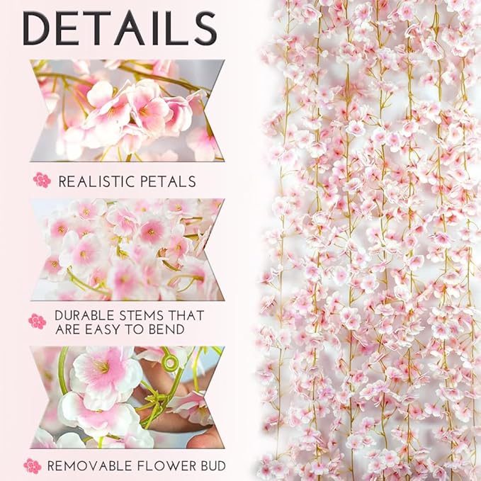 YRIOWMI 10PCS 59FT Artificial Silk Cherry Blossom Garland, Hanging Sakura Flower Vines for Wedding Party Home Arch Office Sakura Decor (Light Pink)