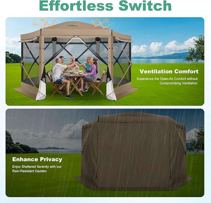COBIZI 12x12 FT Pop Up Canopy Extendable Tent, Gazebos On Clearance with Removable Roof, Screened in Gazebo with sidewalls, Screen Tents Portable carpas para Patio for Outdoor Camping,Backyard,Khaki