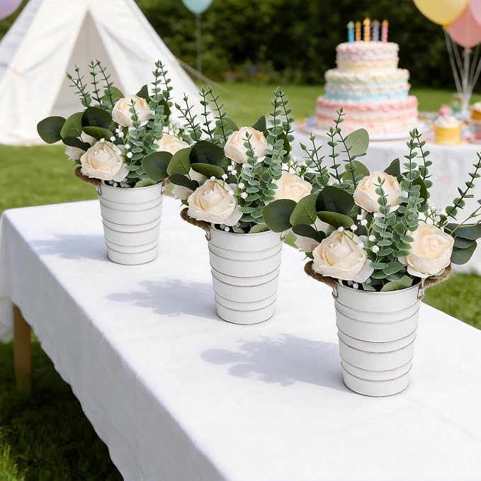 6 PCS Wedding Flower Table Centerpieces - 10 Inches Artificial Floral Arrangement with Rustic Tall Metal Vase for Wedding Birthday Party Bridal Baby Shower Event Decorations - Champagne