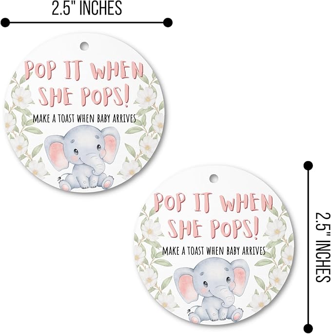 Pop It When She Pops Elephant Tags | 30 pk, 2.5” Blue Woodland Animals Labels for Champagne Bottles Pink Bubbly Labels for Mini Bottles Baby Shower Favor