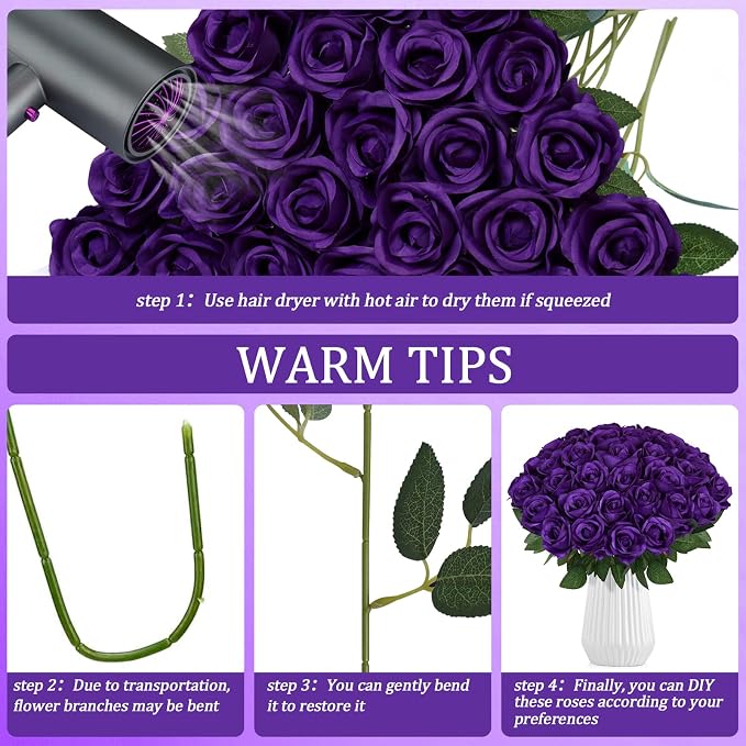 90pcs Fake Dark Purple Roses Artificial Flowers Bulk Realistic Silk Faux Rose with Stems for Wedding Decoration Anniversary Bridal Bouquet DIY Floral Arrangement Romantic Home Decor Gifts