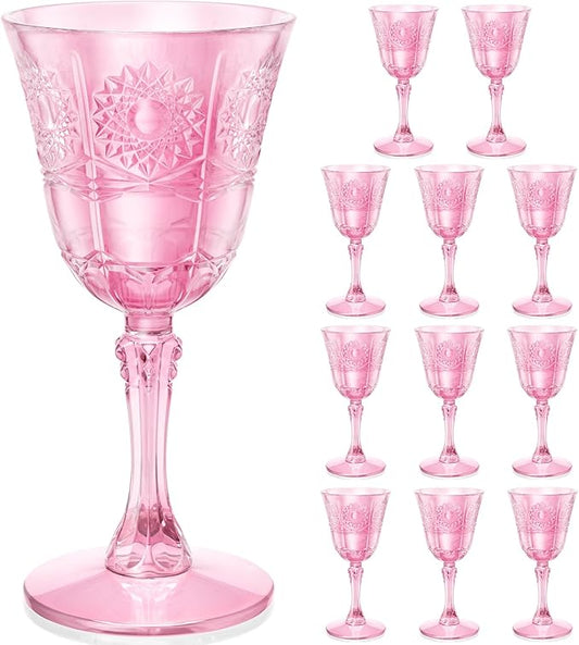 Plastic Wine Glasses, Unbreakable Wine Cups with Stem 6oz Disposable for Wedding Party Holiday, Sunflowers Vintage Plastic Goblets for Champagne, Juice, Cocktail (12 Pcs Pink)