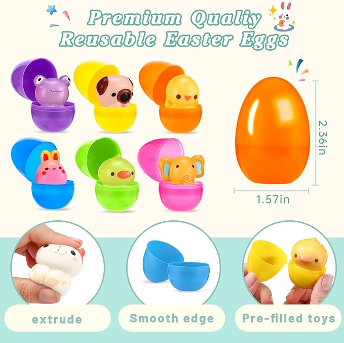 24 Pcs Prefilled Easter Eggs for Kids with Animal Squishy Toys, Easter Eggs Filled for Egg Hunt, Basket Stuffers & Goodie Bag Fillers, Classroom and School Prize Supplies