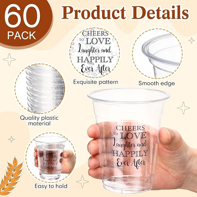 Funnymoom 60 Pack Wedding Cup Cheers to Love Laughter Happily Ever After 12 oz Disposable Clear Plastic Drinking Cups Bulk for Wedding Reception Bridal Shower Engagement Party Decoration