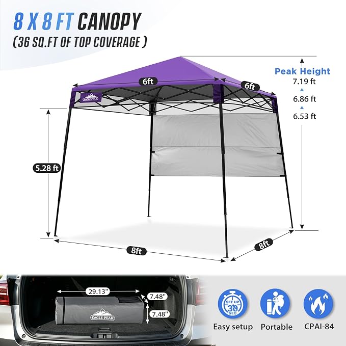 EAGLE PEAK 8x8 Pop Up Canopy Tent with Sidewall, Compact, Portable Slant Leg Instant Sun Shelter for Beach, Sports, & Camping, 8x8 Base 6x6 Top, Purple