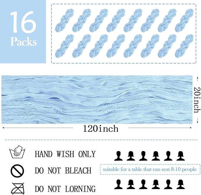 16 Pack Baby Blue Cheesecloth Table Runner 20 x 120 inch Gauze Table Runners 10 FT Long,Semi Sheer Cheese Cloth Fabric Table Runner Bulk for Wedding,Party,Baby Shower,Bridal Shower Decoration