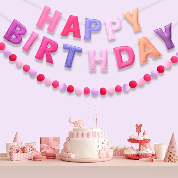Mindsoft 2 Pcs 9.83ft Pre Strung 3D Happy Birthday Felt Fabric Banner with Ball Garland Reusable Pom Pom Garland for Birthday Party Decorations Sign Photo Prop Boys Girls(Pink Purple Color)