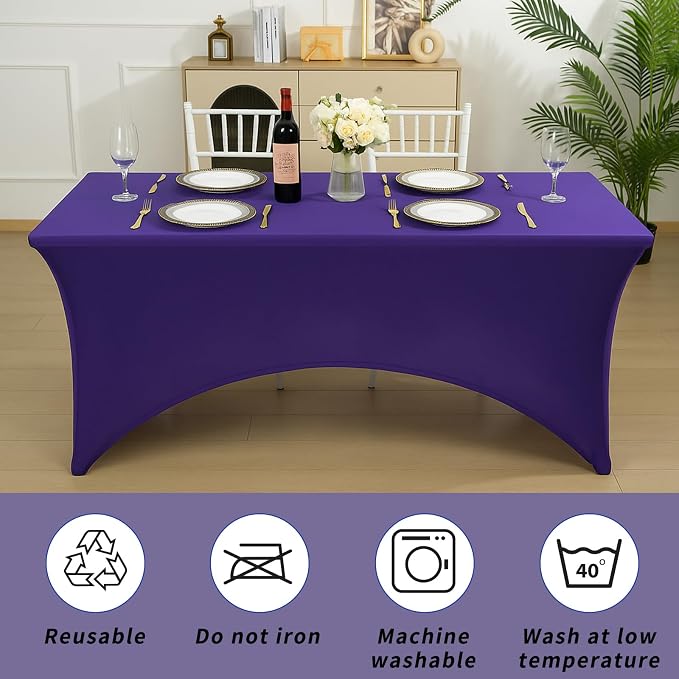 Fixwal 3 Pack Purple Tablecloth Rectangle 6Ft, Stretch Spandex Fitted Table Cover for Party, Trade Show, Wedding, Buffet, Graduation, Vendor Stand