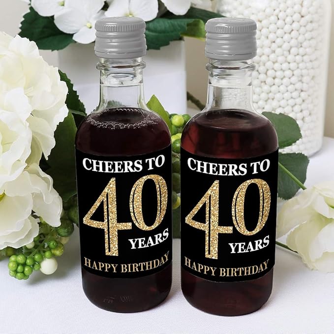 Big Dot of Happiness Adult 40th Birthday - Gold - Mini Wine and Champagne Bottle Label Stickers - Birthday Party Favor Gift for Women and Men - Set of 16