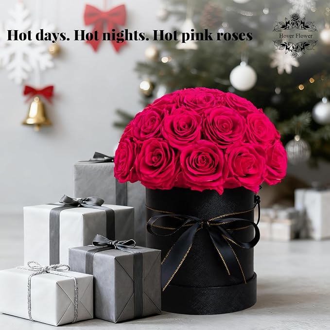 27 Preserved Flowers for Delivery Prime, Roses Dome Forever Flower Decor for Party Home Table Bedroom, Anniversary, Birthday, Wedding Gifts for Women Her (Hot Pink)