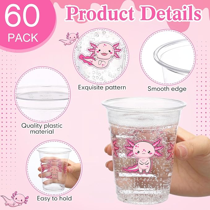 Funnymoom 60 Pack Pink Axolotl Birthday Decoration Cups 12 oz Cute Cartoon Animal Disposable Clear Plastic Drinking Cups for Reptile Animals Themed Birthday Baby Shower Party Decorations Supplies