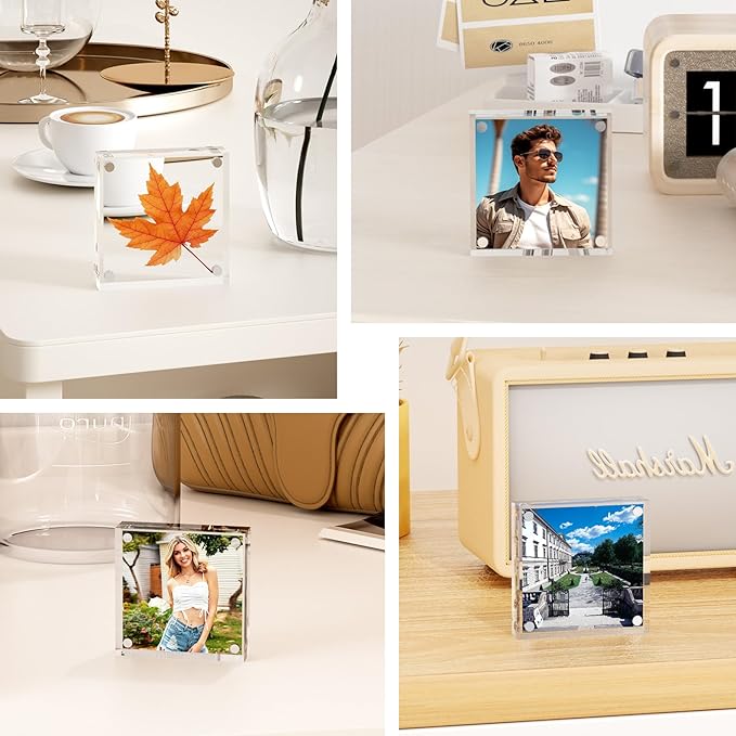 Mini Picture Frame 3x3 inch Acrylic Magnetic Photo Card Frame 20mm Thick Double SidedDesktop Display Frames for Cards Photos Office Home Decor 2 PCS