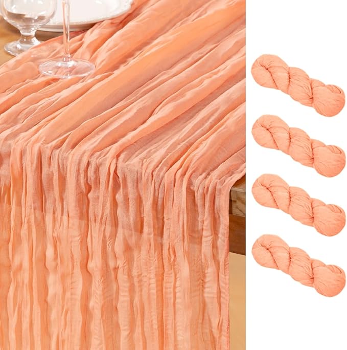DeZerlor Peach Cheesecloth Table Runner 4 Pack Spring Easter Table Runners Boho Gauze 120 Inches Cheese Cloth Table Decor for Wedding Bridal Baby Shower Parties