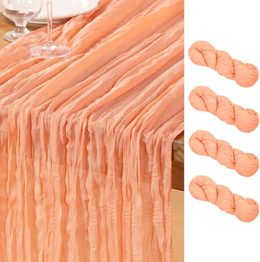 DeZerlor Peach Cheesecloth Table Runner 4 Pack Spring Easter Table Runners Boho Gauze 120 Inches Cheese Cloth Table Decor for Wedding Bridal Baby Shower Parties