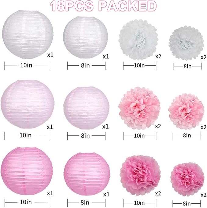 Celehappy Pink Paper Lanterns Decoration Tissue Paper Pom Poms Paper Flower 18pcs Party Decorations for Baby Shower Wedding Valentine Birthday Party - Hot Pink/Pink/White