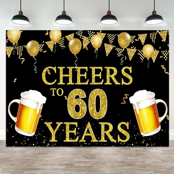 6x4ft 60th Birthday Backdrop Cheers to 60 Years Photography Background Golden Balloon Flag Beer Men Women 60th Birthdays Party Banner Decorations Anniversary Parties Photo Booth Prop