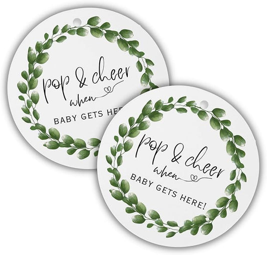 Pop It When She Pops Hang Tags Greenery Eucalyptus Floral | 30 Pk 2.5” Circle Mini Champagne Leaves Labels for Baby Shower Favor Sticker Simple Gender Reveal Party