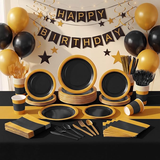 Funnymoom 452 Pcs Black and Gold Party Supplies for 50 Guest, Black Gold Paper Plates Cups Napkins Tablecloth Cutlery Straw Tableware Set for Graduation Birthday Retirement Wedding Party Decoration
