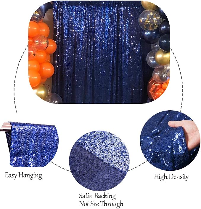 SquarePie 4x7ft Navy Blue Sequin Backdrop for Photography, Satin-Backed Real Sequin Curtain, Enhanced Coverage Shimmering Background with 4" Rod Pocket for Wedding, Birthday, Party Decor, 1 Panel