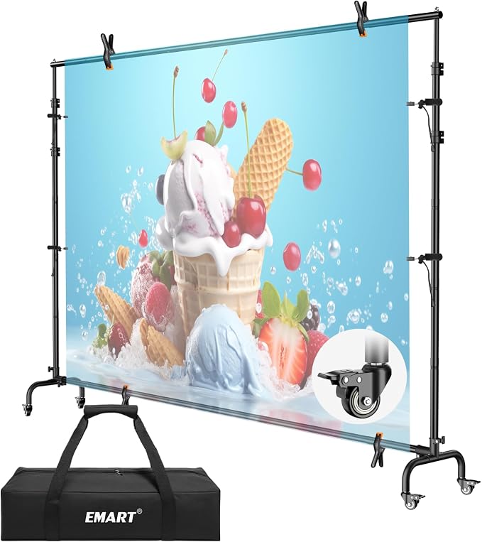 EMART 10x7.7ft Rolling Backdrop Stand with Wheels, Adjustable and Movable Photo Backdrop Banner Stand for Studio Photography, Wedding, Party Decoration, Video Recording, Events Decoration